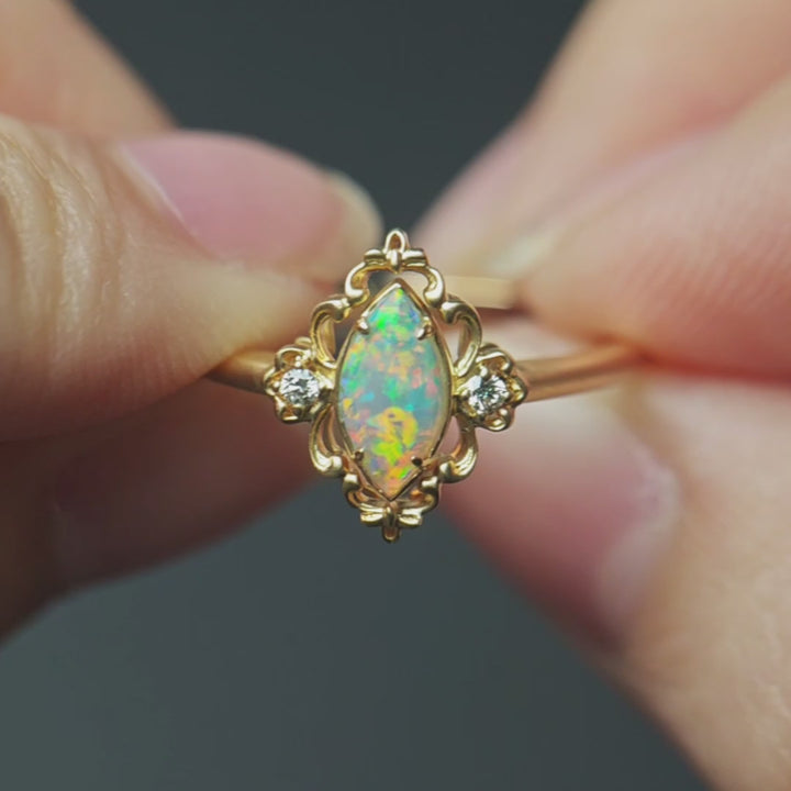 Baroque Inspired Australian Solid Opal Diamond Floral Ring 14K Yellow Gold