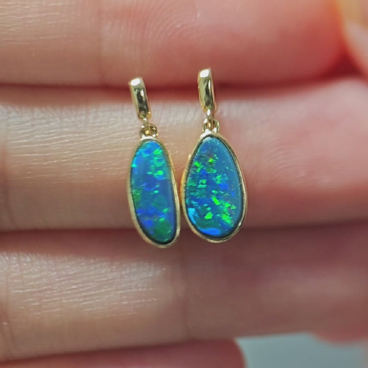 Minimalist Australian Doublet Opal Drop Earrings 14K Yellow Gold
