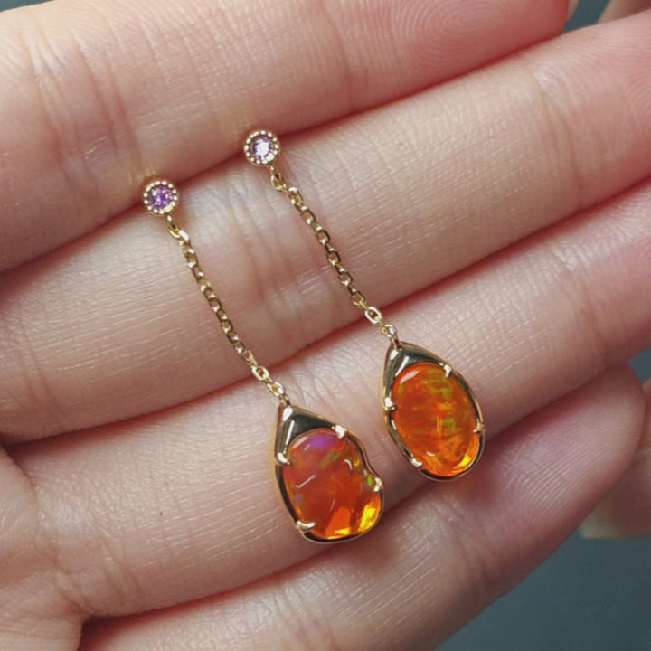 Mexican Fire Opal String Drop Threader Earrings 14K