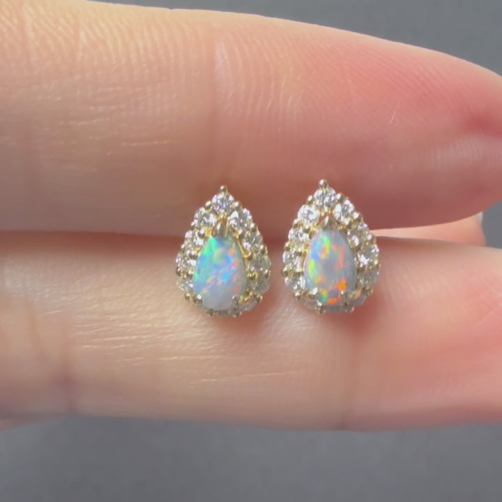 Halo Diamond Pear Black Opal Stud Earrings