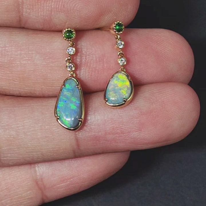 Asymmetrical Australian Opal Diamond Drop Earrings