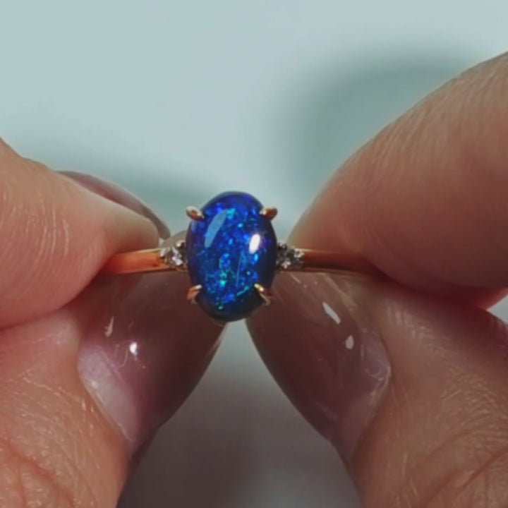 Oval Deep Blue Black Opal Diamond Ring