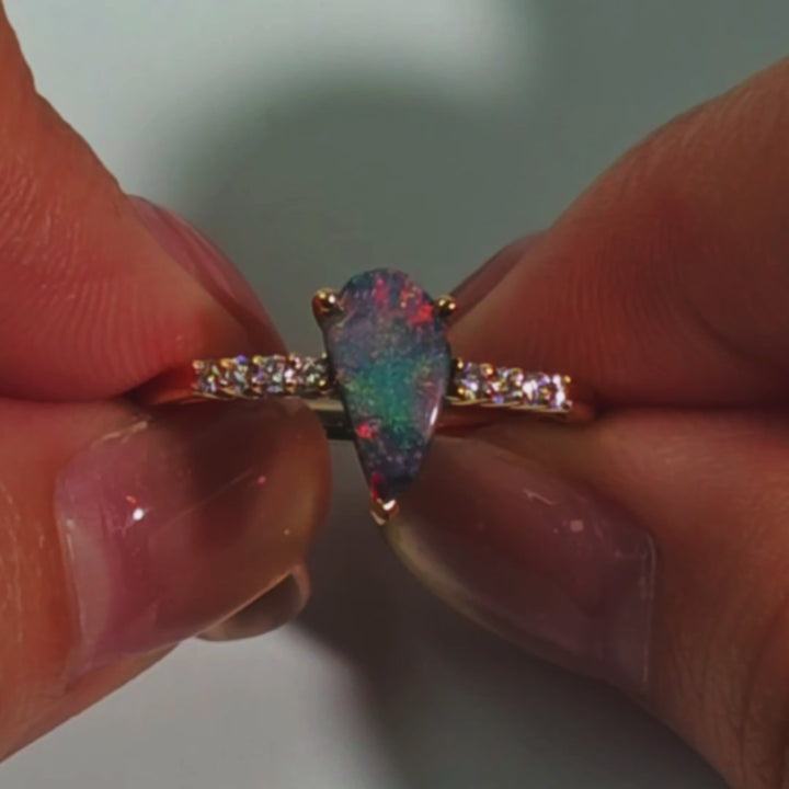 Pear-Shaped Natural Black Opal Diamond Ring