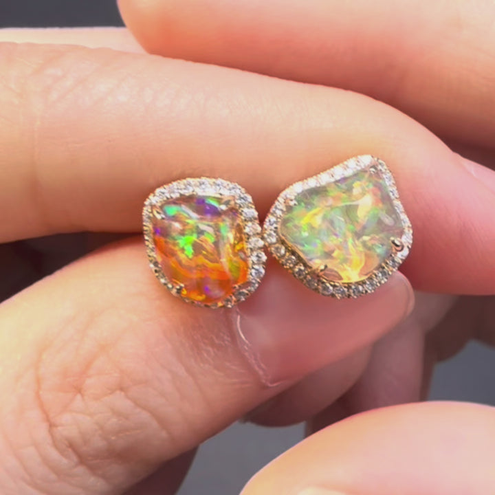 Fire Opal Diamond Halo Stud Earrings 14K Yellow Gold