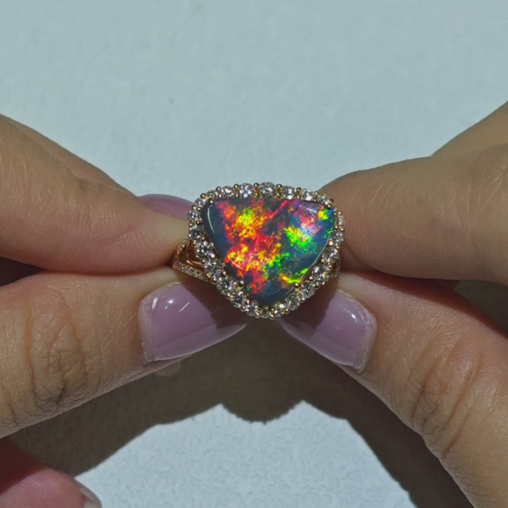 Phoenix Veil - Certificated Black Opal Halo Diamond Engagement Ring