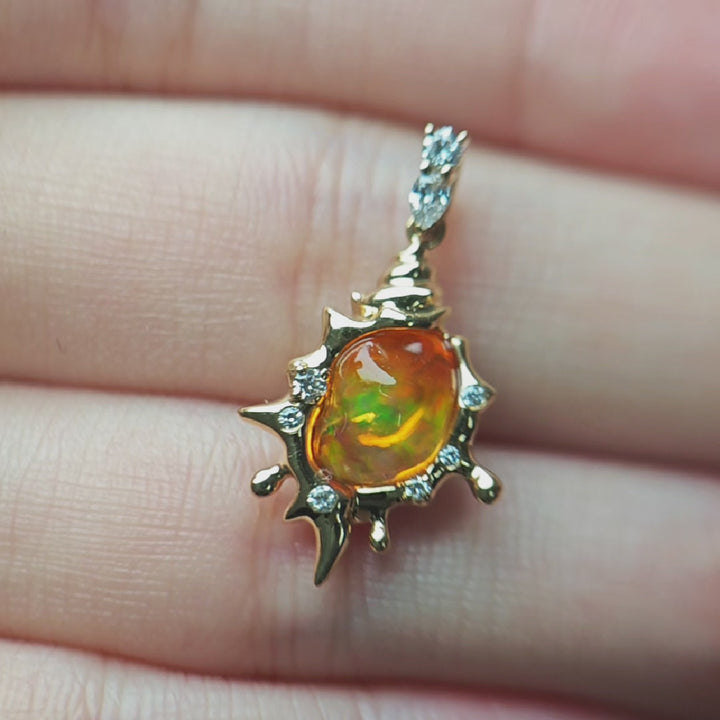 Mexican Fire Opal Pendant Necklace with Diamonds