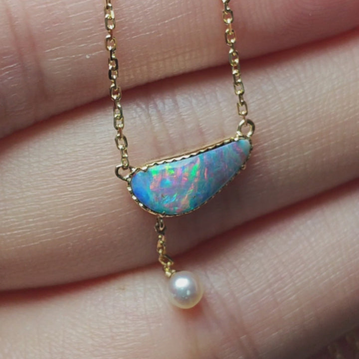 Doublet Opal & Pearl Lariat Necklace 14K