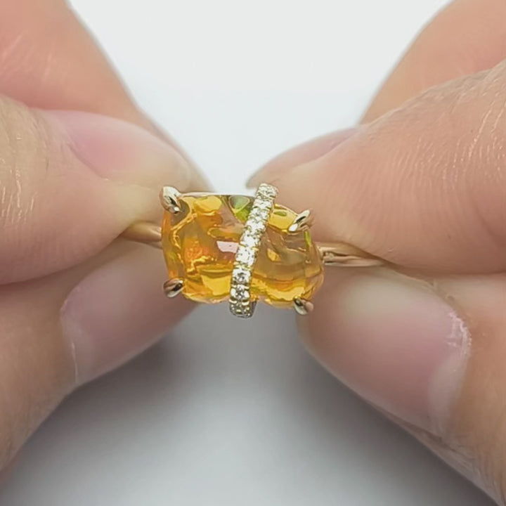 Glowing Fire Opal with Diamond Ring