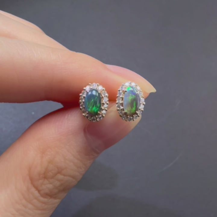 Halo Diamond Black Opal Stud Earrings