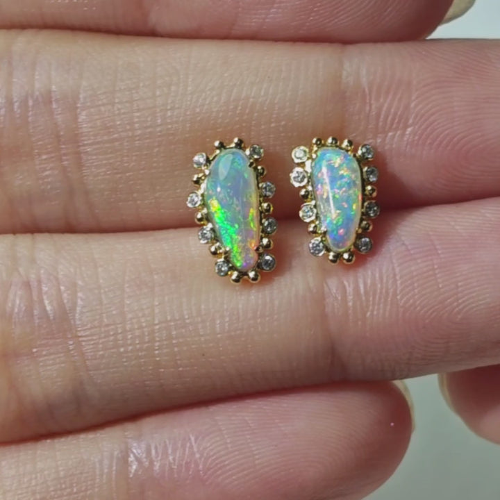 Bubble Tea Design Australian Solid Opal Diamond Stud Earrings 14K Yellow Gold