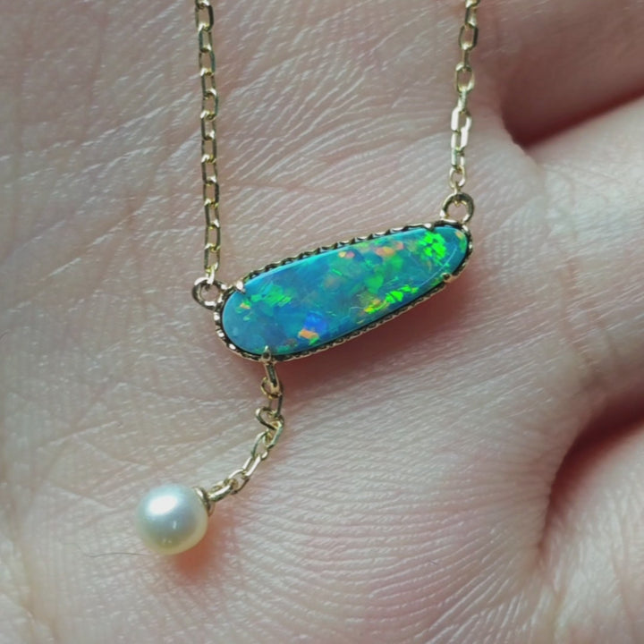 Doublet Opal & Pearl Lariat Necklace