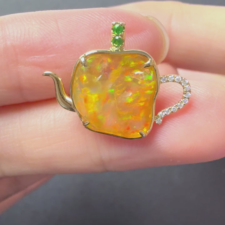 Teapot Fire Opal Diamond Pendant