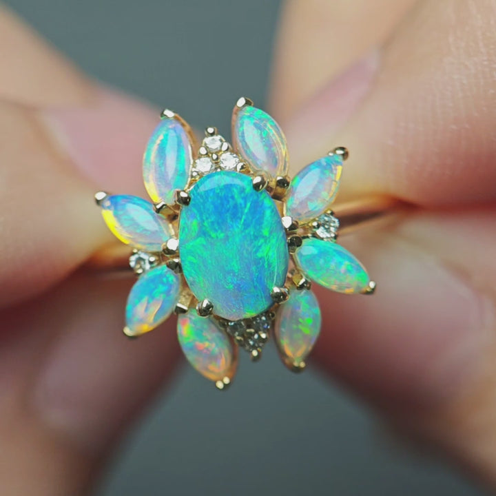 Unique Design Black Opal & Crystal Opal Diamond Engagement Ring 14K Yellow Gold