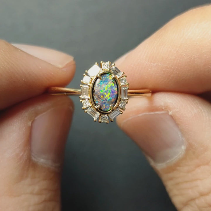 Baguette Halo Diamond Boulder Opal Engagement