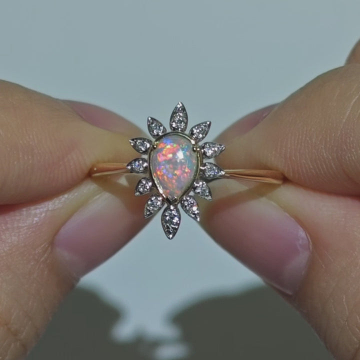 Crystal Opal Sunburst Halo Diamond Ring 14K