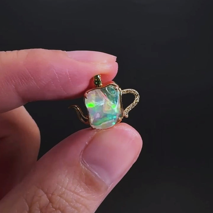 Teapot Design Fire Opal Diamond, Tsavorite Necklace