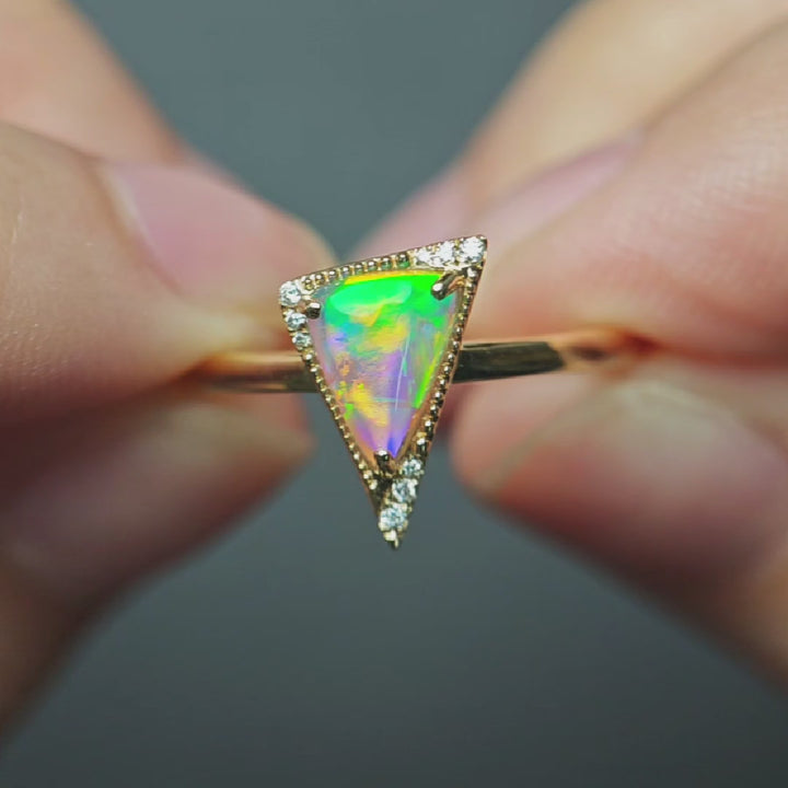 Unique Pattern Triangle Black Opal Diamond Engagement Ring 14K Yellow Gold