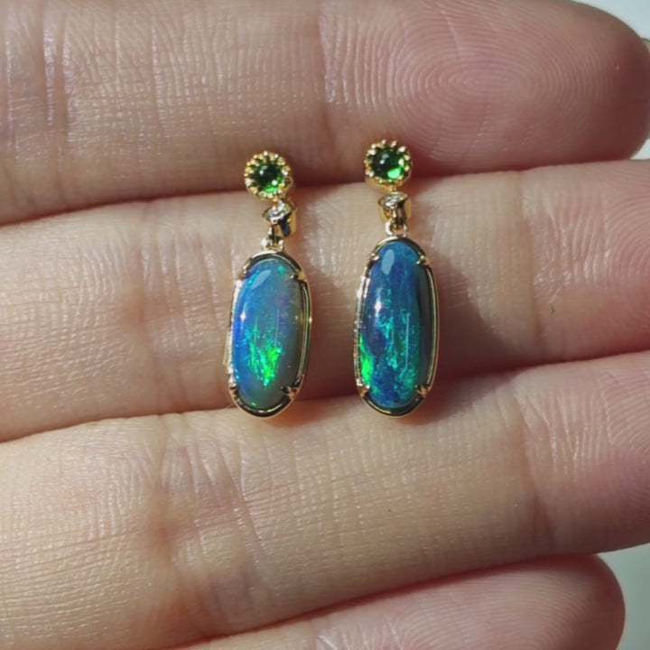 Australian Black Opal Diamond Tsavorite Drop Earrings