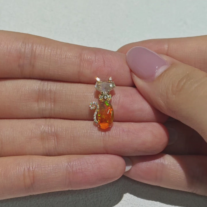 Cat Fire Opal Moonstone & Diamond Necklace