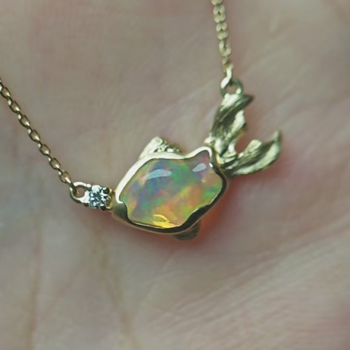 Delicate Bubble Fish Mexican Fire Opal Diamond Pendant Necklace 14K Yellow Gold