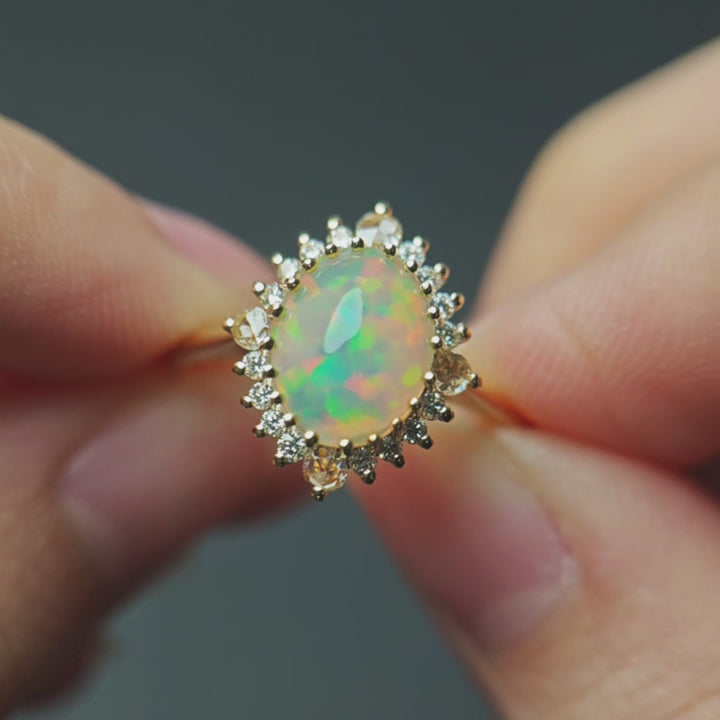 Multicolor Mexican Fire Opal Halo Diamond Ring 14K Yellow Gold