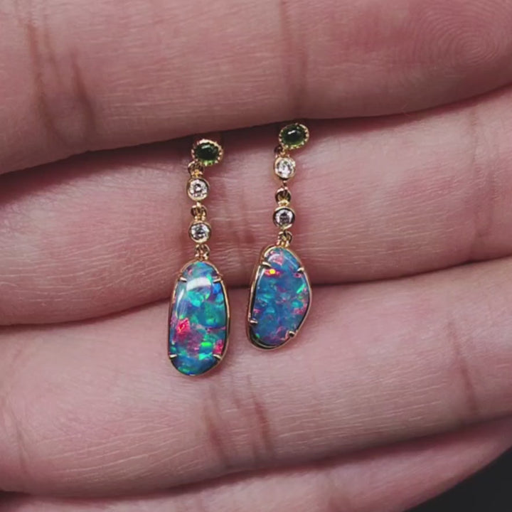 Stylish Doublet Opal Fossil Shell Diamond Tsavorite Drop Earrings