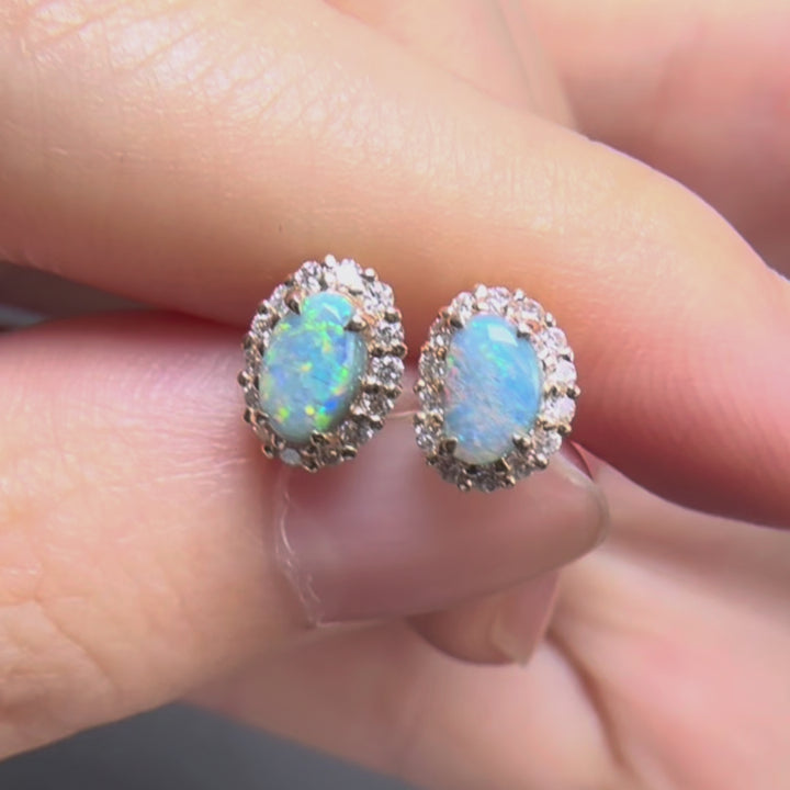Australian Black Opal Diamond Halo Stud Earrings