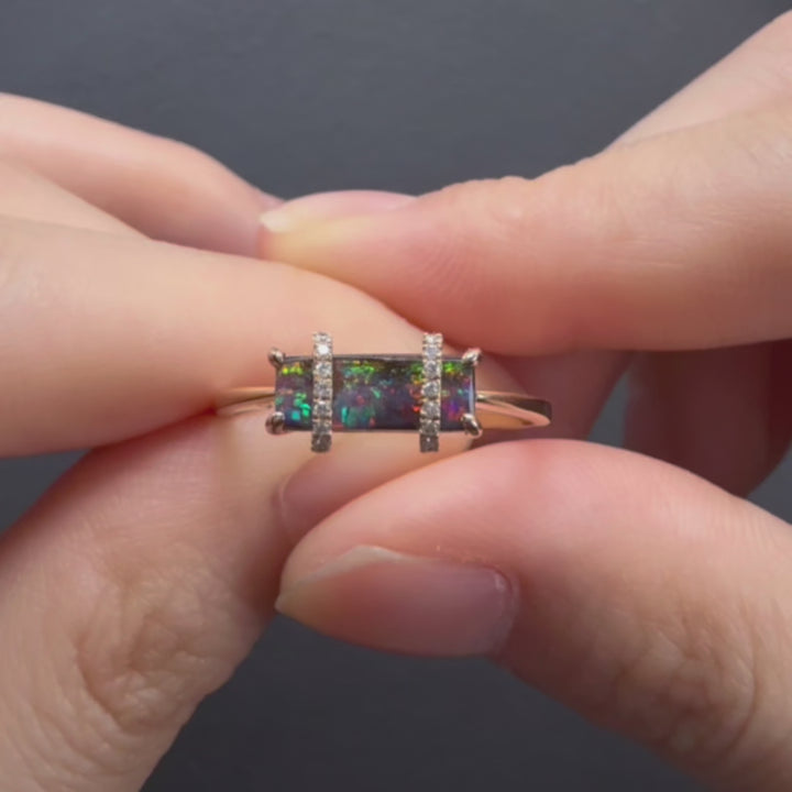 Opal Bar Ring 14K Gold Unique Boulder Opal Diamond Ring