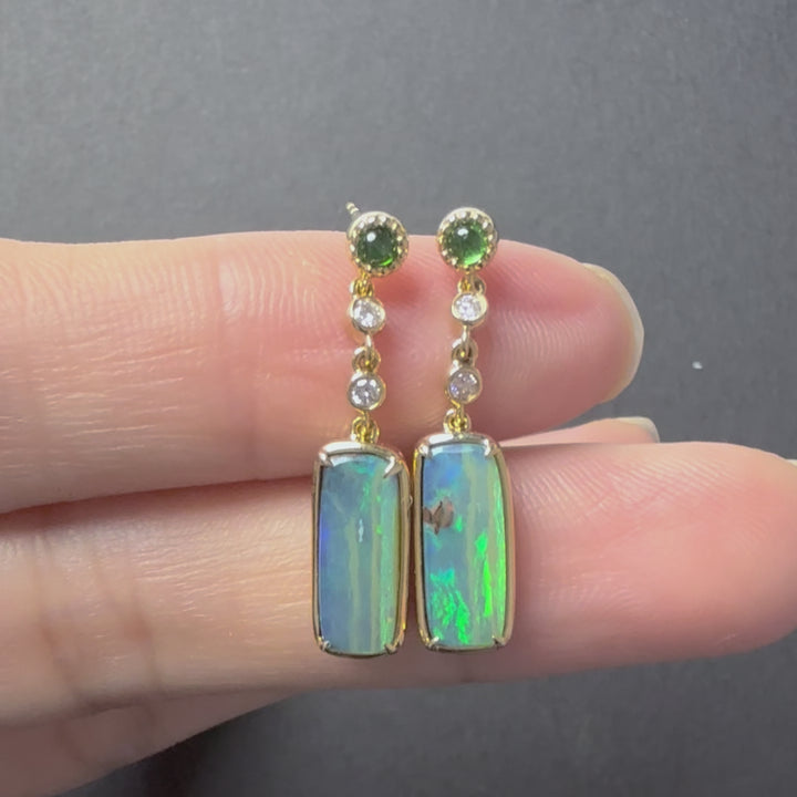 Boulder Opal Diamond Tsavorite Drop Earrings