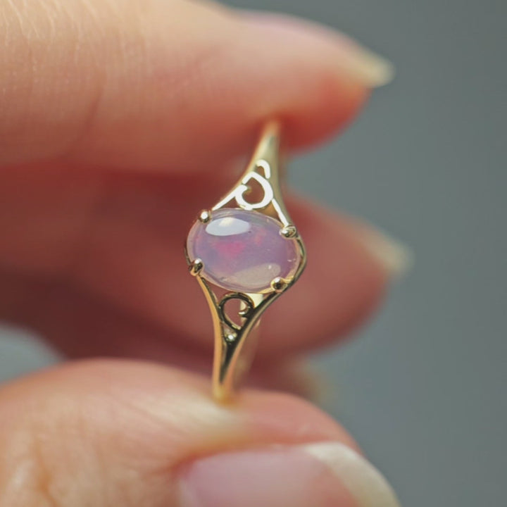 Rare Lavender Hue Mexican Fire Opal Engagement Ring 14K Yellow Gold