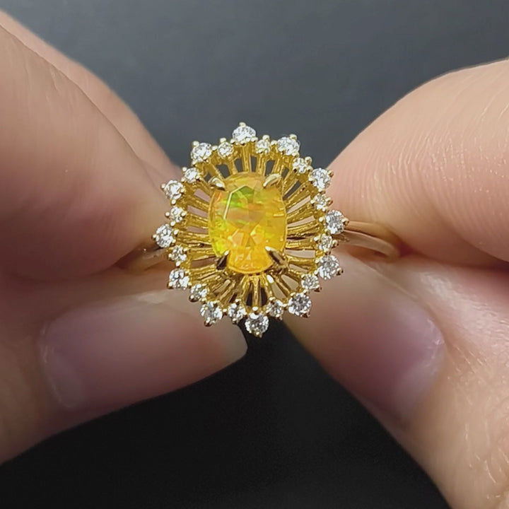 Faceted Fire Opal Halo Diamond Engagement Ring