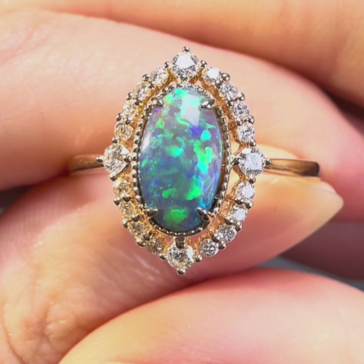 14K Gold Australian Black Opal Diamond Engagement Ring