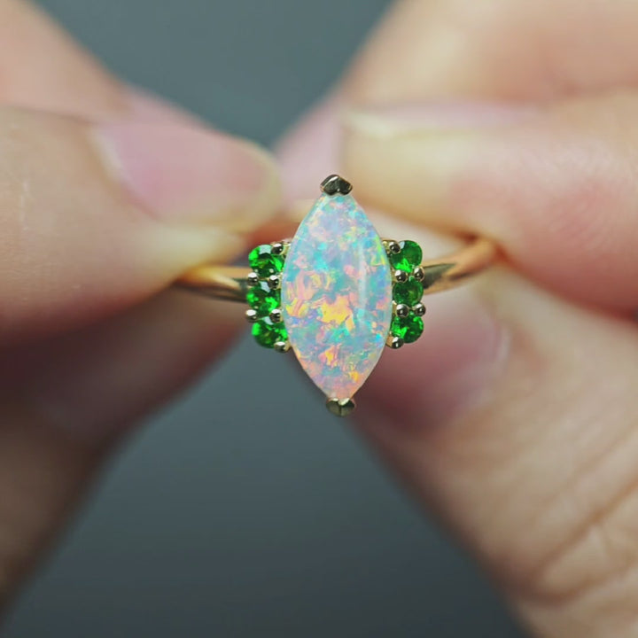 Marquise Solid Opal & Tsavorite Garnet Engagement Ring 14K Yellow Gold