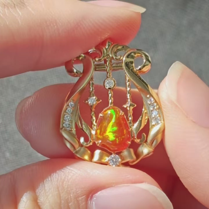 Harp Mexican Fire Opal Diamond Pendant 18K