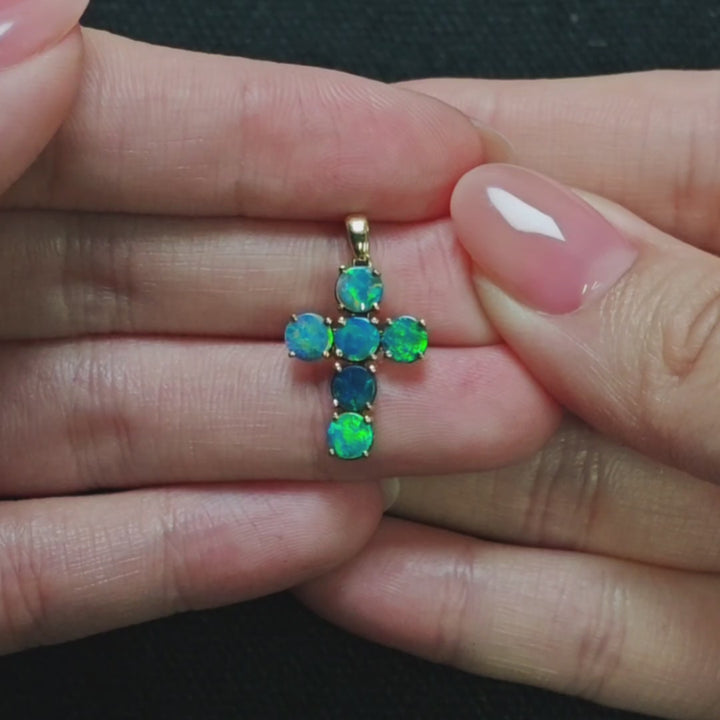 14K Gold Cross Necklace, Opal Doublet