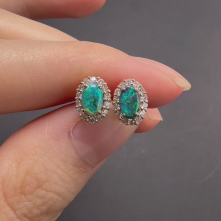 Green Colored Black Opal & Halo Diamond Stud Earrings