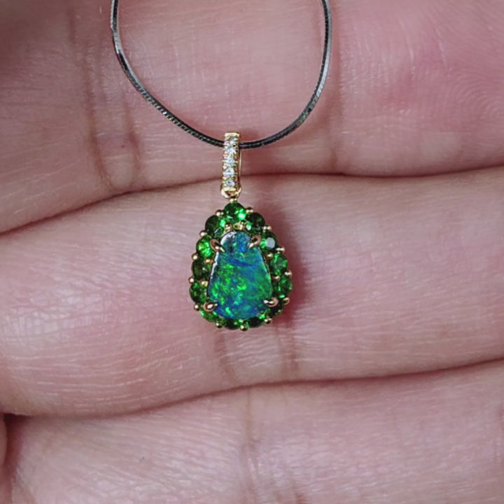 Bright Green Boulder Opal Diamond Tsavorite Necklace