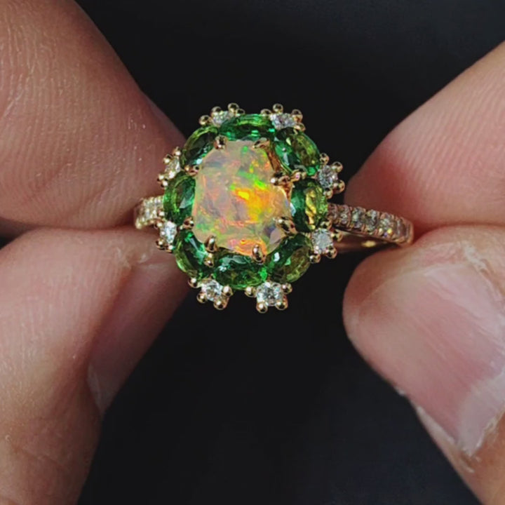 Incredible Color Opal Tsavorite Diamond Engagement Ring