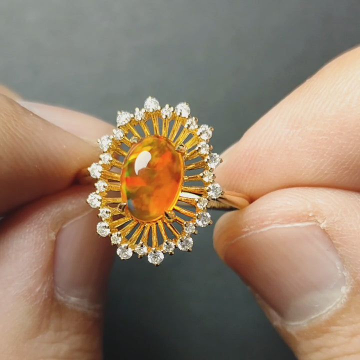 Red Fire Opal Halo Diamond Engagement Ring