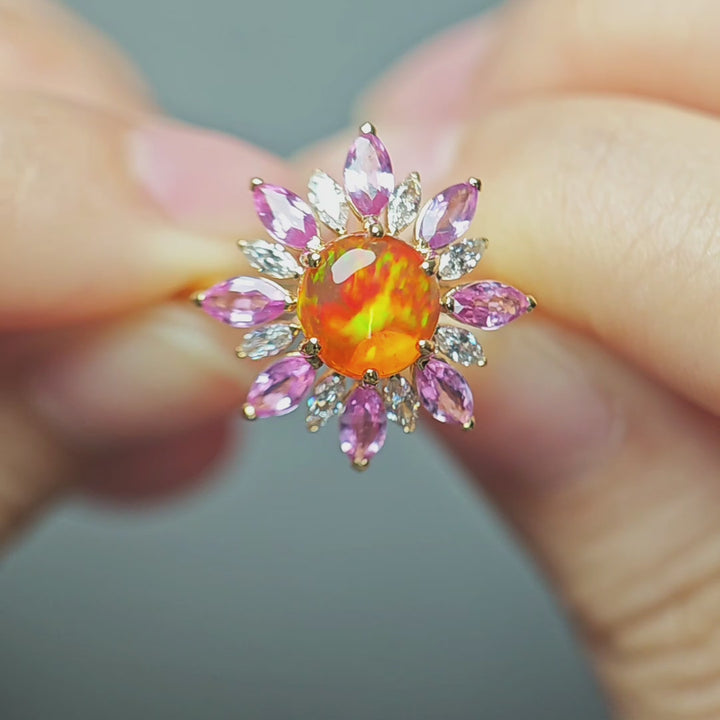 Sunflower Pink Sapphire Mexican Fire Opal Diamond Engagement Ring 14K Yellow Gold