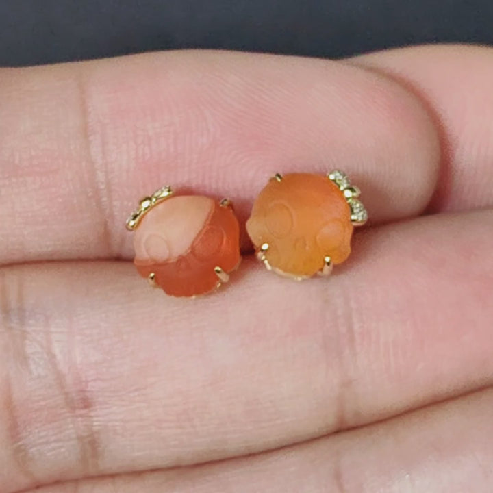 Hand Carved Skull with Diamond Bows Fire Opal Stud Earrings