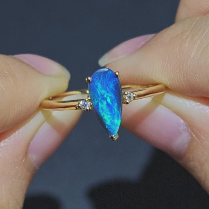 Australian Black Opal Diamond Ring 14K Yellow Gold