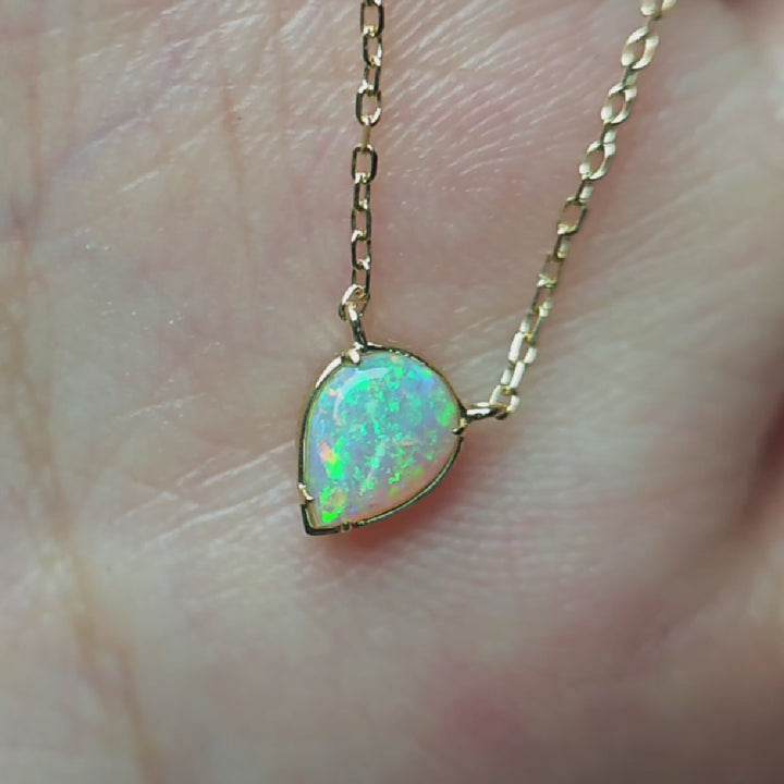 Small Pear Shaped Australian Solid Opal Pendant Necklace 14k Yellow Gold