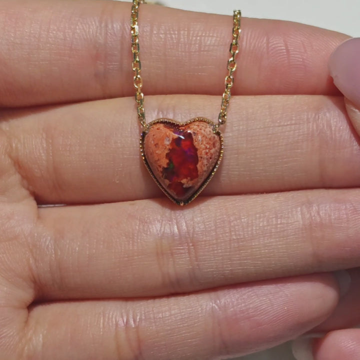 Heart Shaped Mexican Matrix Fire Opal Necklace