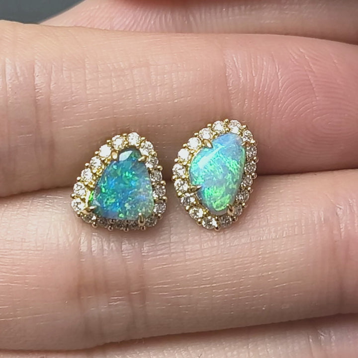 Halo Diamond Australian Boulder Opal Stud Earrings
