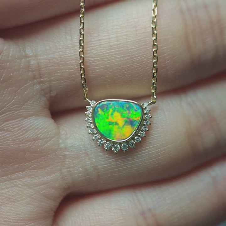Aurora Glow Doublet Opal Diamond Pendant Necklace 14K Yellow Gold