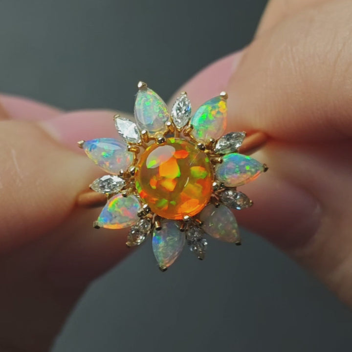 Fire Opal Marquise Cut Diamond Engagement Ring 14K Gold