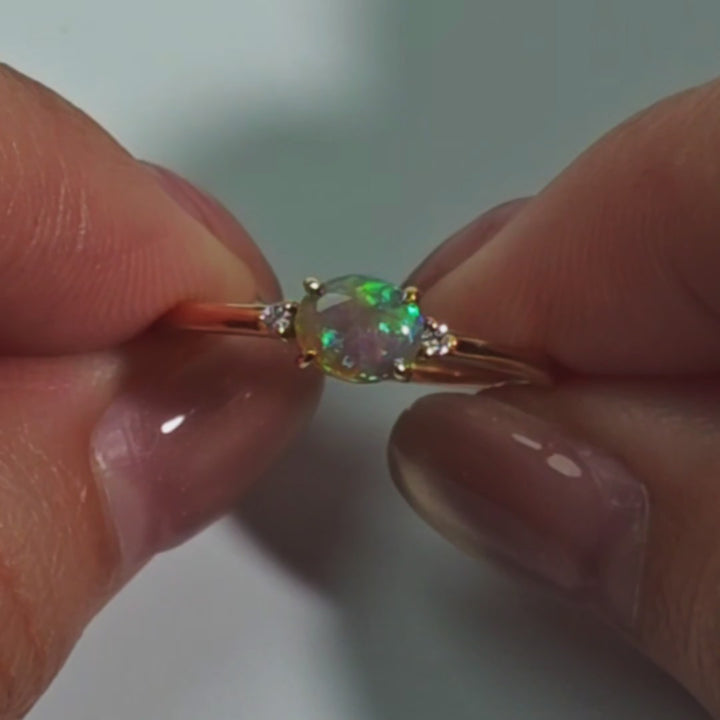 Classic Three Stone Australian Semi Black Opal Diamond Ring