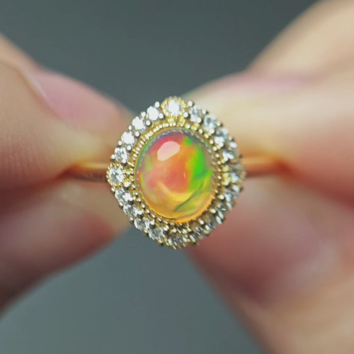 Play of Colors Halo Diamond Mexican Fire Opal Engagement Ring