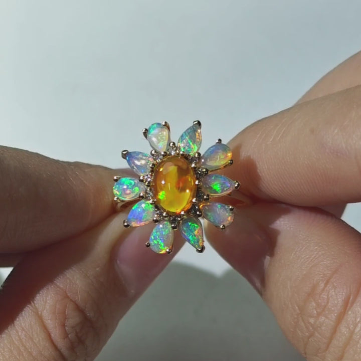 Golden Dahlia – Fire Opal & Australian Opal Floral Diamond Engagement Ring